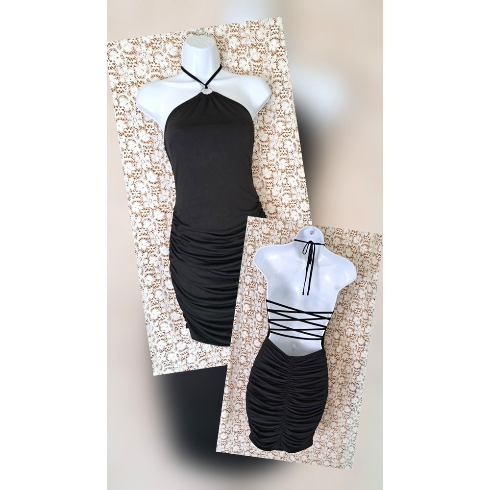 Haute Monde Mini Dress M Black Halter Bodycon Ruched Strappy Back Stretch‎  Sexy